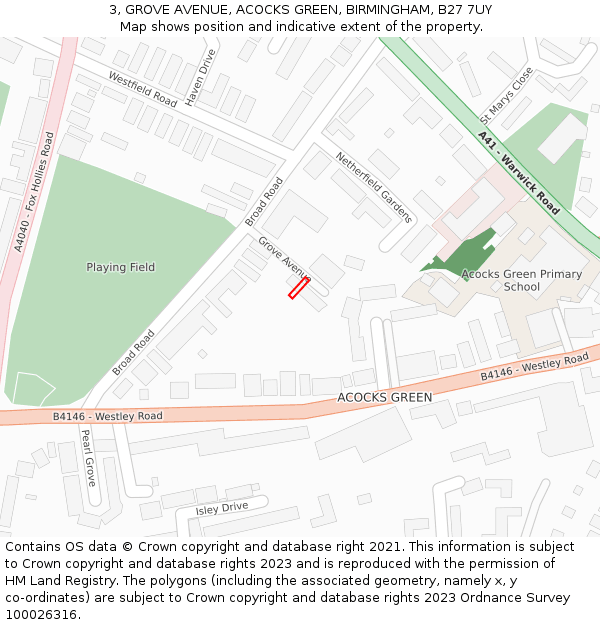 3, GROVE AVENUE, ACOCKS GREEN, BIRMINGHAM, B27 7UY: Location map and indicative extent of plot