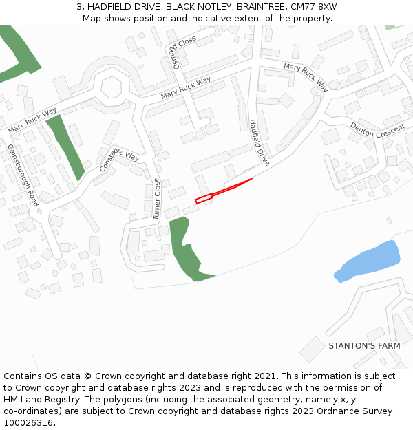 3, HADFIELD DRIVE, BLACK NOTLEY, BRAINTREE, CM77 8XW: Location map and indicative extent of plot