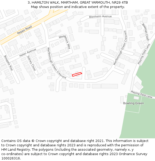 3, HAMILTON WALK, MARTHAM, GREAT YARMOUTH, NR29 4TB: Location map and indicative extent of plot