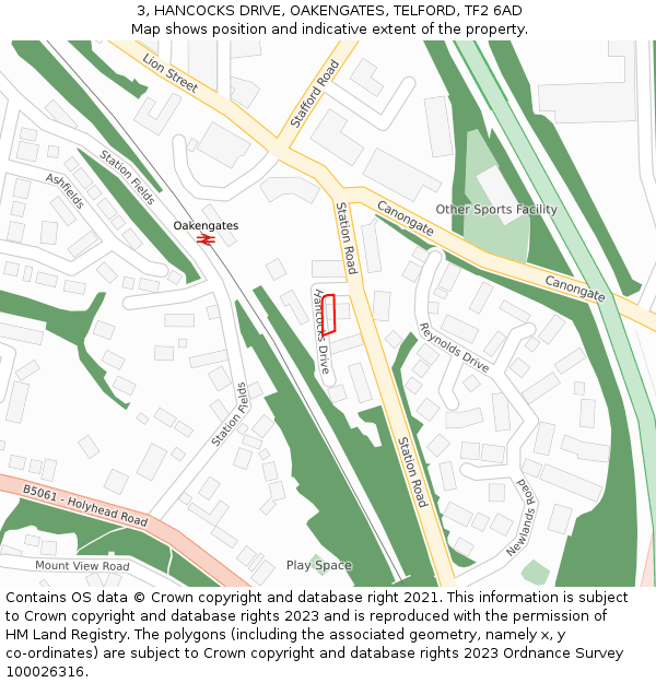 3, HANCOCKS DRIVE, OAKENGATES, TELFORD, TF2 6AD: Location map and indicative extent of plot