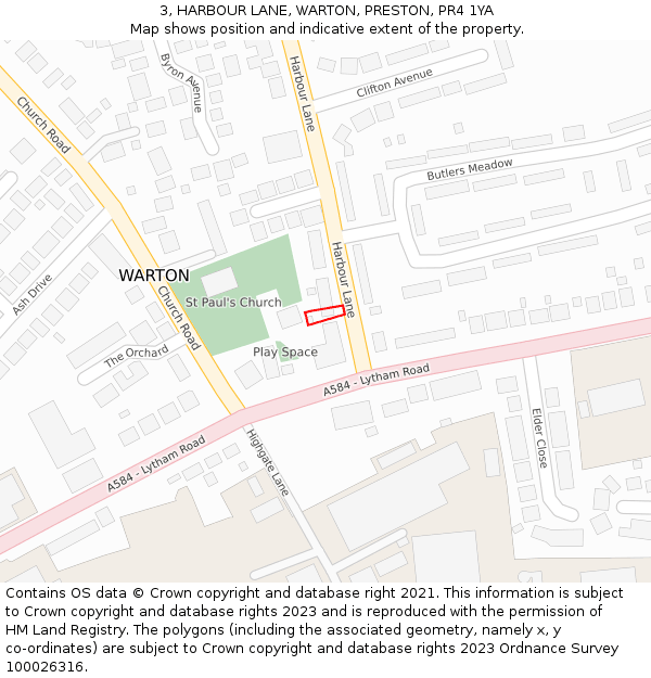 3, HARBOUR LANE, WARTON, PRESTON, PR4 1YA: Location map and indicative extent of plot