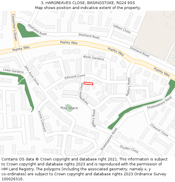 3, HARGREAVES CLOSE, BASINGSTOKE, RG24 9SS: Location map and indicative extent of plot
