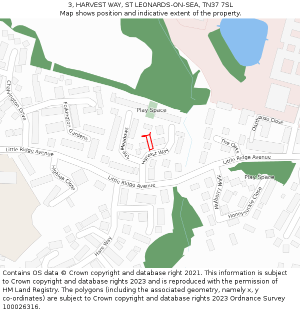 3, HARVEST WAY, ST LEONARDS-ON-SEA, TN37 7SL: Location map and indicative extent of plot