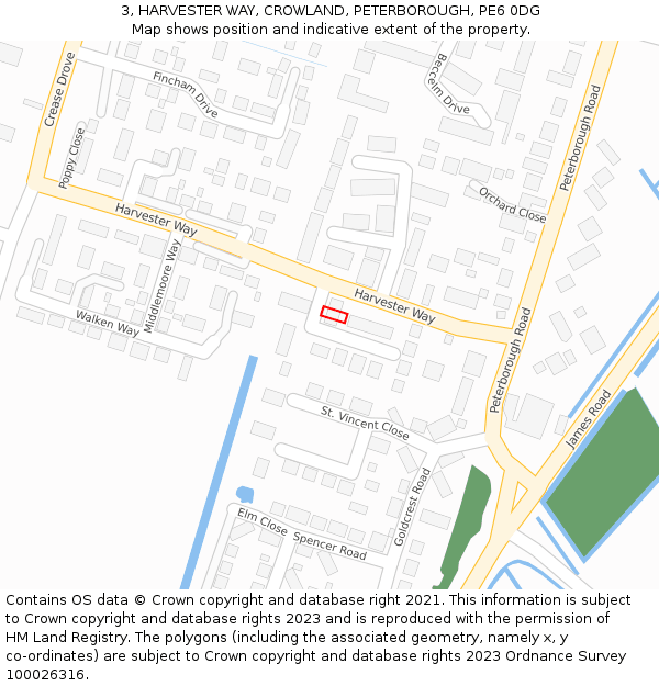 3, HARVESTER WAY, CROWLAND, PETERBOROUGH, PE6 0DG: Location map and indicative extent of plot
