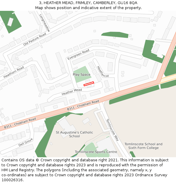 3, HEATHER MEAD, FRIMLEY, CAMBERLEY, GU16 8QA: Location map and indicative extent of plot