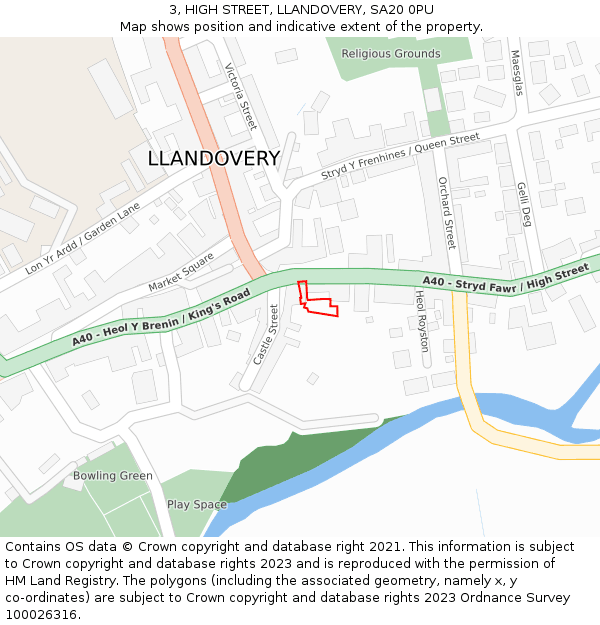 3, HIGH STREET, LLANDOVERY, SA20 0PU: Location map and indicative extent of plot