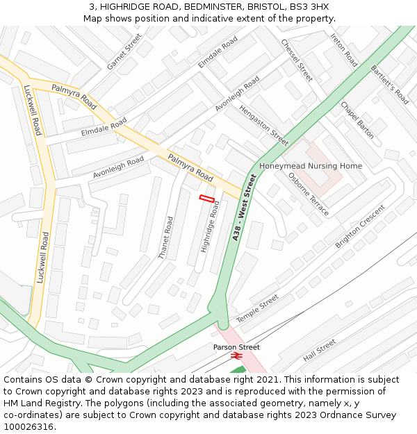 3, HIGHRIDGE ROAD, BEDMINSTER, BRISTOL, BS3 3HX: Location map and indicative extent of plot