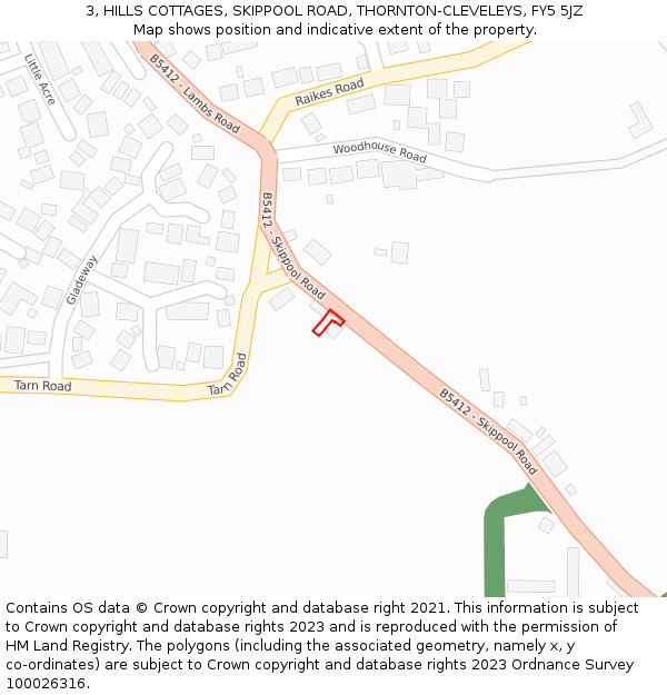 3, HILLS COTTAGES, SKIPPOOL ROAD, THORNTON-CLEVELEYS, FY5 5JZ: Location map and indicative extent of plot