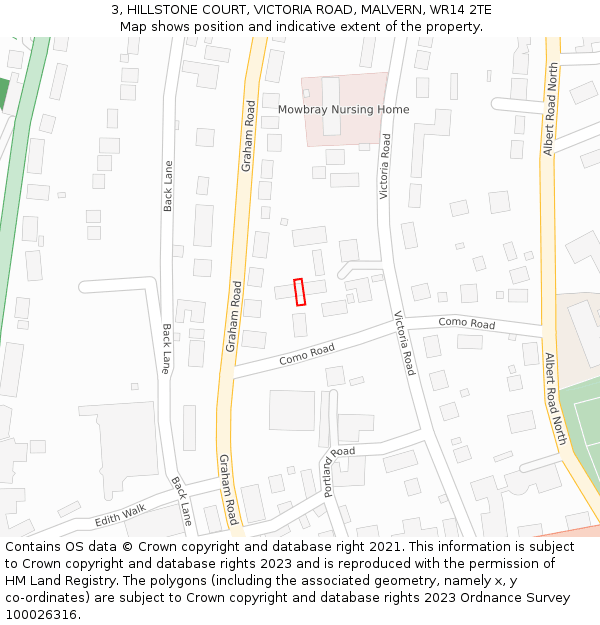 3, HILLSTONE COURT, VICTORIA ROAD, MALVERN, WR14 2TE: Location map and indicative extent of plot