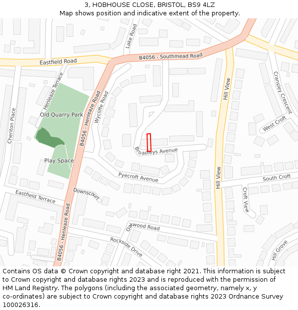 3, HOBHOUSE CLOSE, BRISTOL, BS9 4LZ: Location map and indicative extent of plot