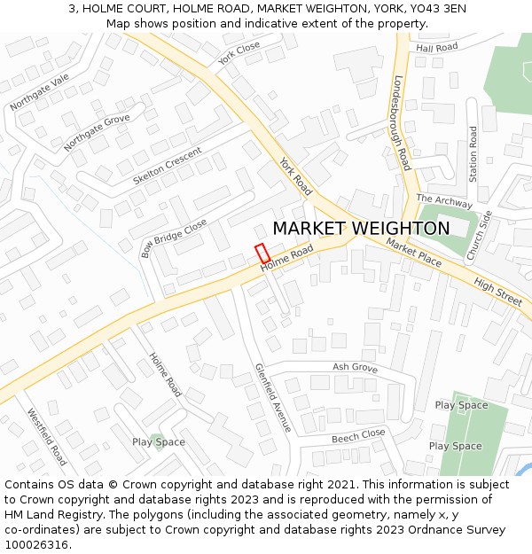 3, HOLME COURT, HOLME ROAD, MARKET WEIGHTON, YORK, YO43 3EN: Location map and indicative extent of plot