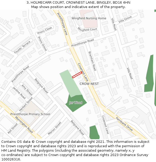 3, HOLMECARR COURT, CROWNEST LANE, BINGLEY, BD16 4HN: Location map and indicative extent of plot