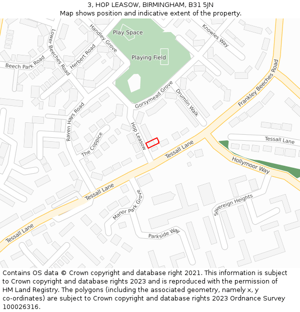 3, HOP LEASOW, BIRMINGHAM, B31 5JN: Location map and indicative extent of plot