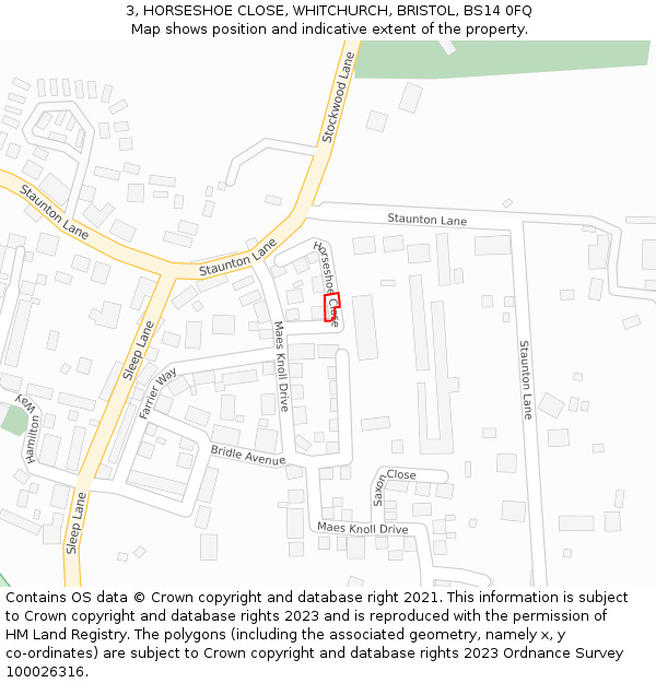 3, HORSESHOE CLOSE, WHITCHURCH, BRISTOL, BS14 0FQ: Location map and indicative extent of plot