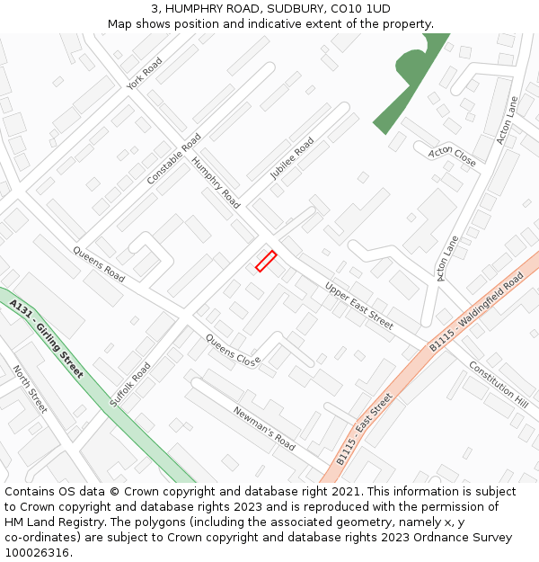 3, HUMPHRY ROAD, SUDBURY, CO10 1UD: Location map and indicative extent of plot
