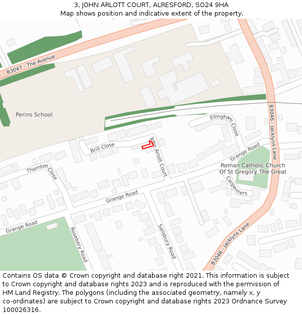 3, JOHN ARLOTT COURT, ALRESFORD, SO24 9HA: Location map and indicative extent of plot