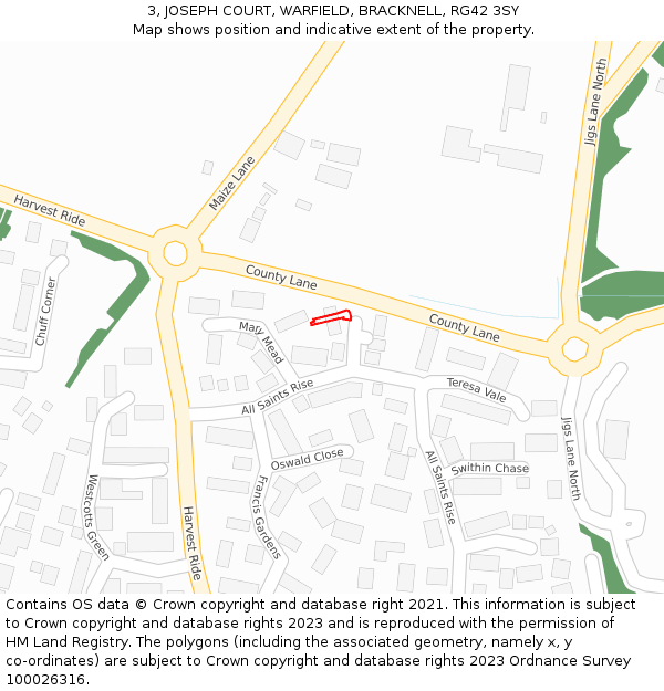 3, JOSEPH COURT, WARFIELD, BRACKNELL, RG42 3SY: Location map and indicative extent of plot