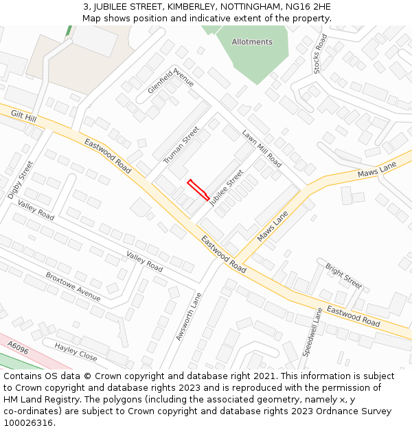 3, JUBILEE STREET, KIMBERLEY, NOTTINGHAM, NG16 2HE: Location map and indicative extent of plot