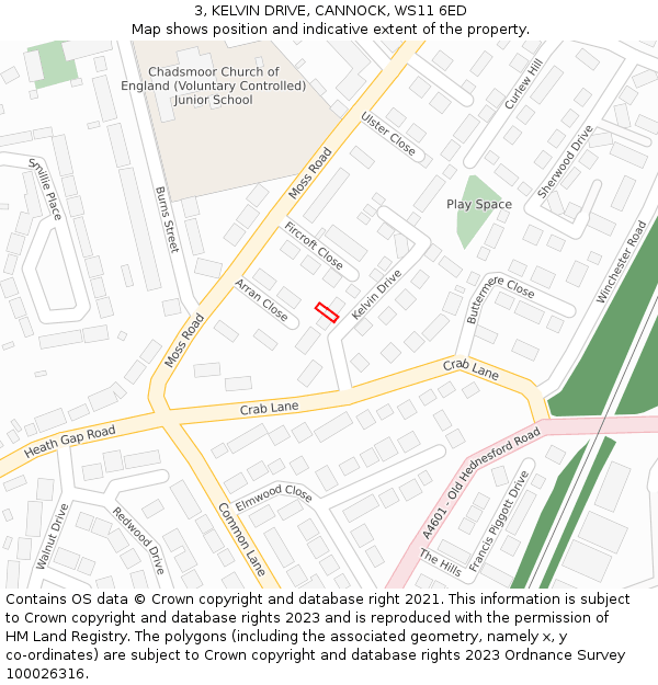 3, KELVIN DRIVE, CANNOCK, WS11 6ED: Location map and indicative extent of plot