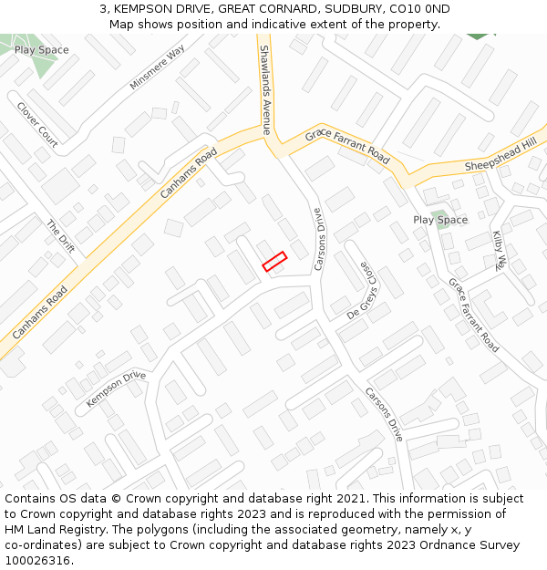 3, KEMPSON DRIVE, GREAT CORNARD, SUDBURY, CO10 0ND: Location map and indicative extent of plot