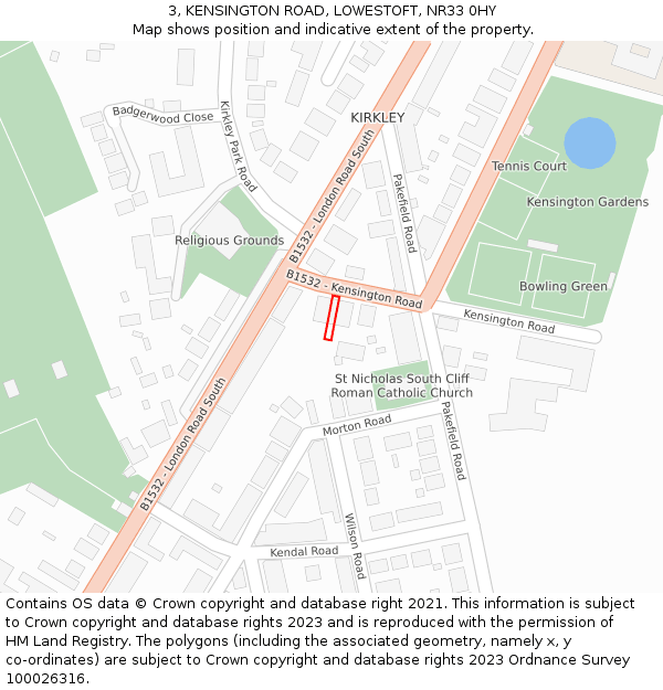 3, KENSINGTON ROAD, LOWESTOFT, NR33 0HY: Location map and indicative extent of plot