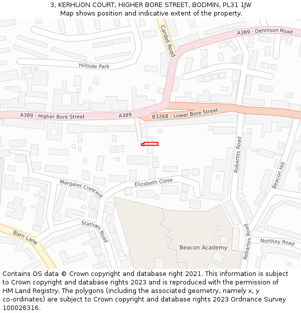 3, KERHUON COURT, HIGHER BORE STREET, BODMIN, PL31 1JW: Location map and indicative extent of plot