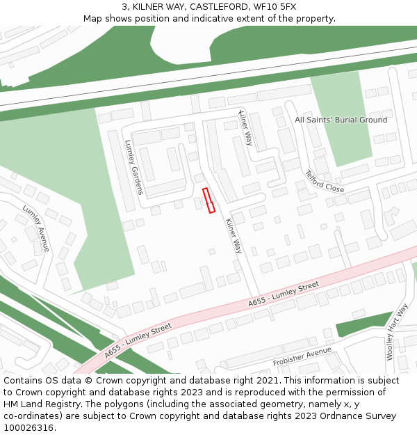 3, KILNER WAY, CASTLEFORD, WF10 5FX: Location map and indicative extent of plot