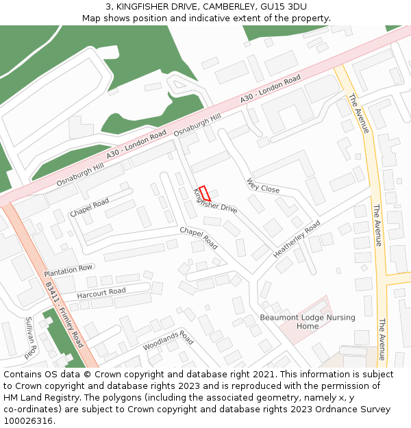 3, KINGFISHER DRIVE, CAMBERLEY, GU15 3DU: Location map and indicative extent of plot
