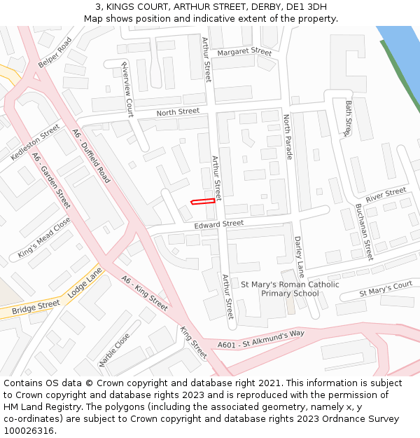 3, KINGS COURT, ARTHUR STREET, DERBY, DE1 3DH: Location map and indicative extent of plot