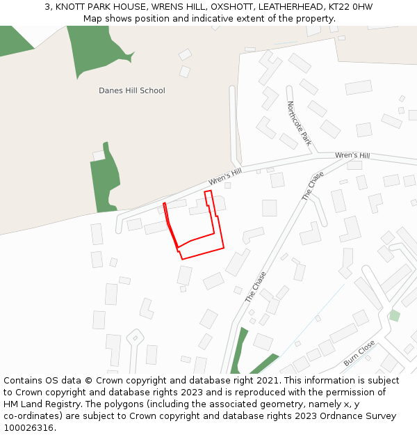 3, KNOTT PARK HOUSE, WRENS HILL, OXSHOTT, LEATHERHEAD, KT22 0HW: Location map and indicative extent of plot
