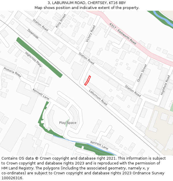3, LABURNUM ROAD, CHERTSEY, KT16 8BY: Location map and indicative extent of plot