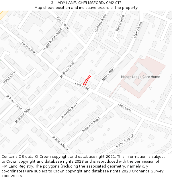 3, LADY LANE, CHELMSFORD, CM2 0TF: Location map and indicative extent of plot