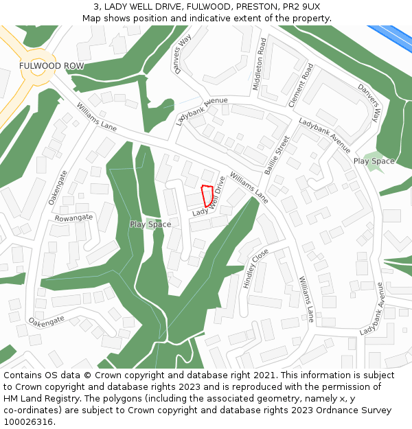 3, LADY WELL DRIVE, FULWOOD, PRESTON, PR2 9UX: Location map and indicative extent of plot