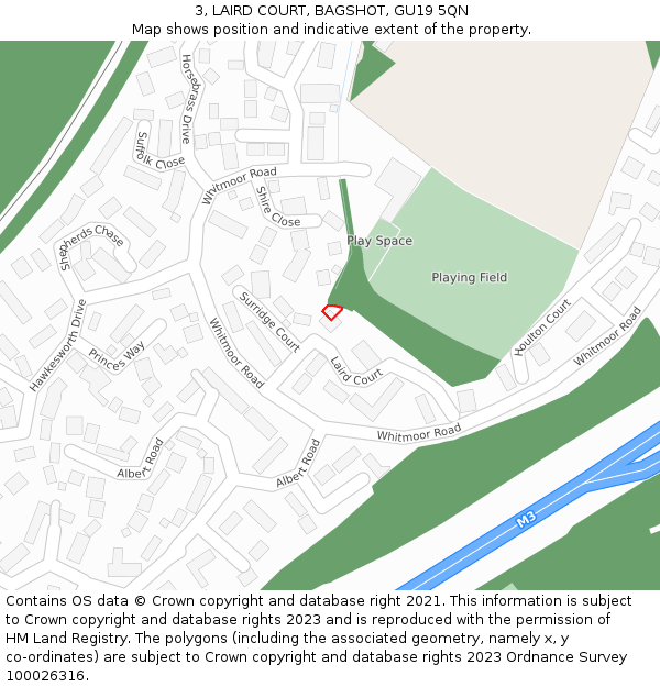 3, LAIRD COURT, BAGSHOT, GU19 5QN: Location map and indicative extent of plot