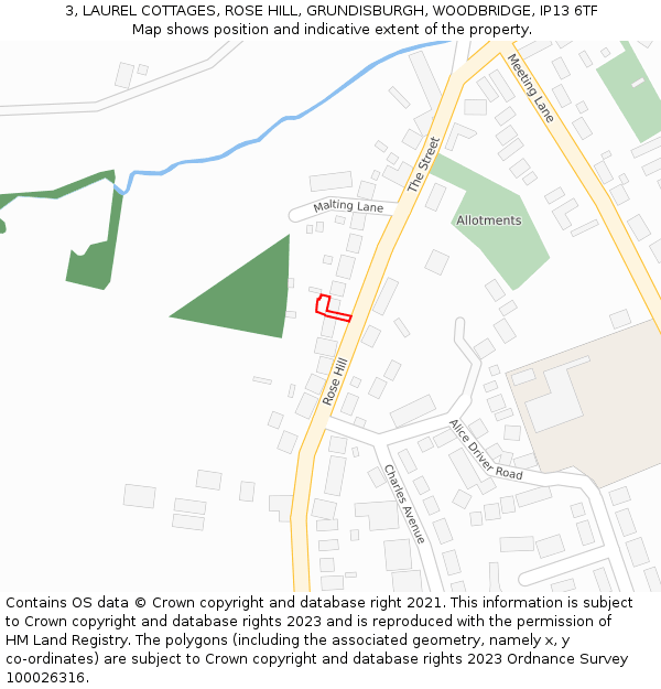 3, LAUREL COTTAGES, ROSE HILL, GRUNDISBURGH, WOODBRIDGE, IP13 6TF: Location map and indicative extent of plot