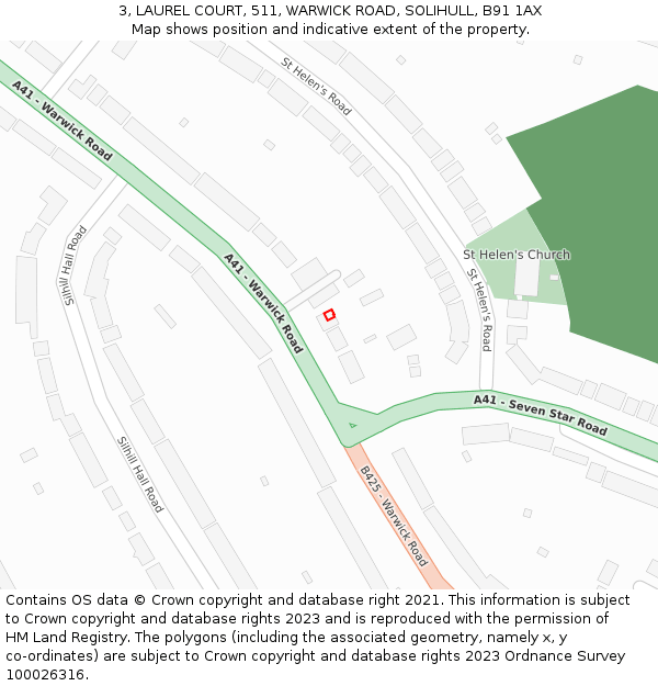 3, LAUREL COURT, 511, WARWICK ROAD, SOLIHULL, B91 1AX: Location map and indicative extent of plot