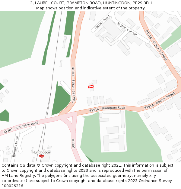 3, LAUREL COURT, BRAMPTON ROAD, HUNTINGDON, PE29 3BH: Location map and indicative extent of plot