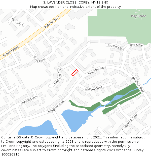 3, LAVENDER CLOSE, CORBY, NN18 8NX: Location map and indicative extent of plot