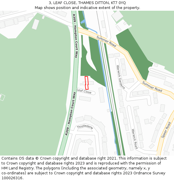3, LEAF CLOSE, THAMES DITTON, KT7 0YQ: Location map and indicative extent of plot