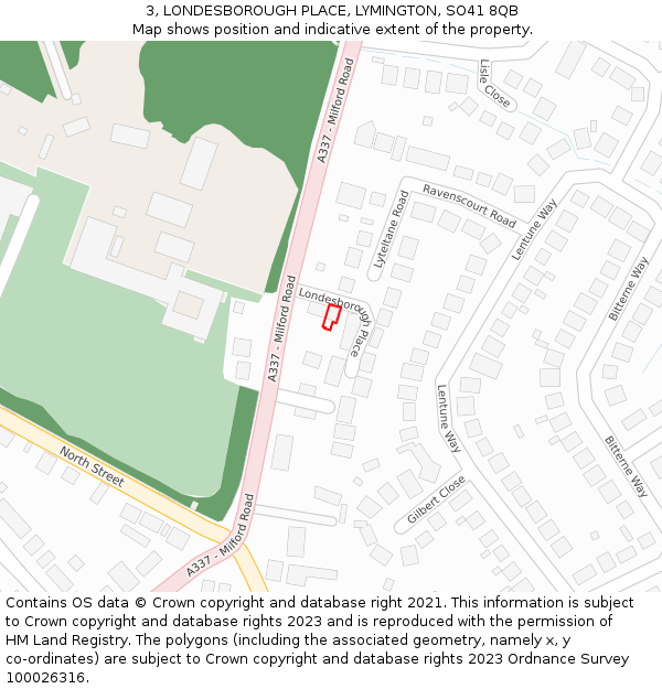3, LONDESBOROUGH PLACE, LYMINGTON, SO41 8QB: Location map and indicative extent of plot