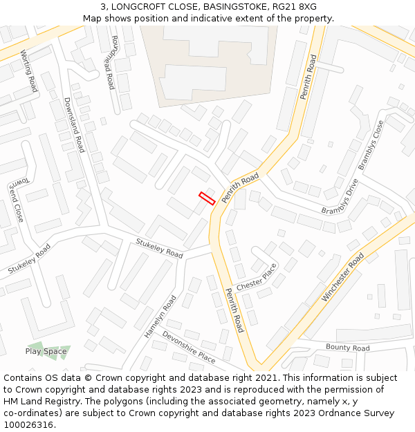 3, LONGCROFT CLOSE, BASINGSTOKE, RG21 8XG: Location map and indicative extent of plot
