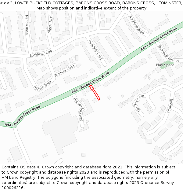 3, LOWER BUCKFIELD COTTAGES, BARONS CROSS ROAD, BARONS CROSS, LEOMINSTER, HR6 8RN: Location map and indicative extent of plot