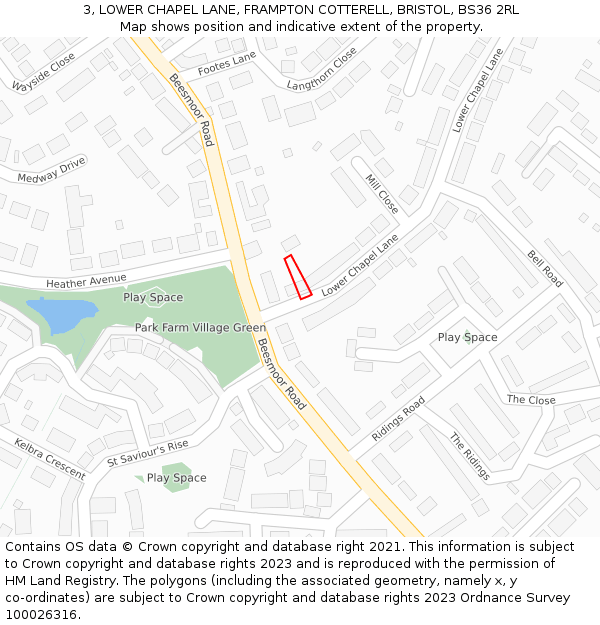 3, LOWER CHAPEL LANE, FRAMPTON COTTERELL, BRISTOL, BS36 2RL: Location map and indicative extent of plot