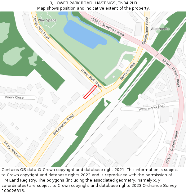 3, LOWER PARK ROAD, HASTINGS, TN34 2LB: Location map and indicative extent of plot