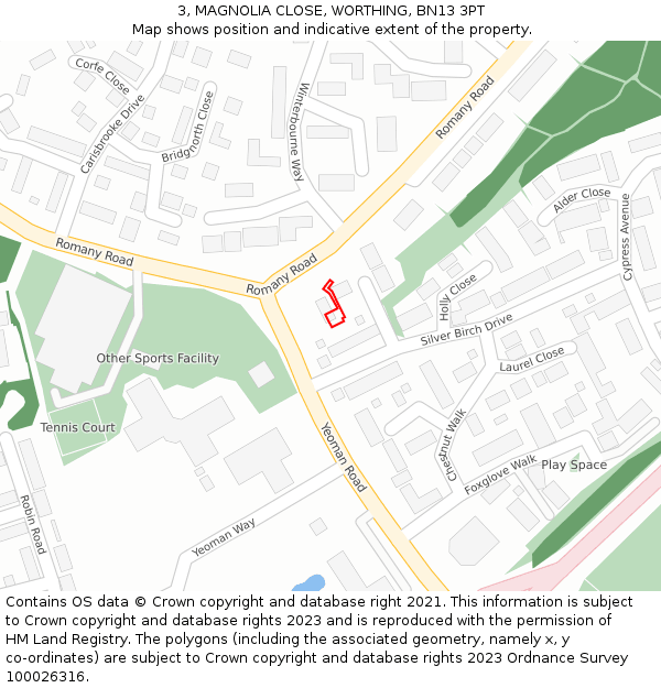 3, MAGNOLIA CLOSE, WORTHING, BN13 3PT: Location map and indicative extent of plot