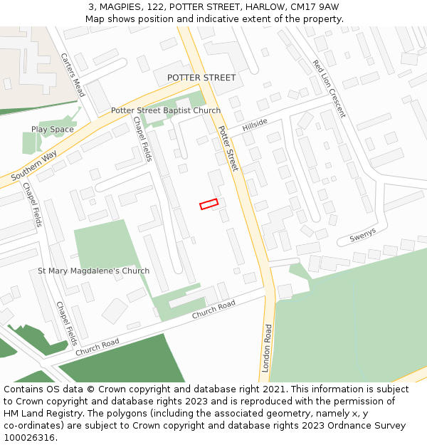 3, MAGPIES, 122, POTTER STREET, HARLOW, CM17 9AW: Location map and indicative extent of plot
