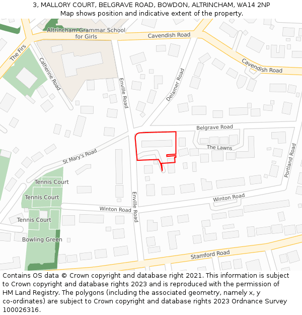 3, MALLORY COURT, BELGRAVE ROAD, BOWDON, ALTRINCHAM, WA14 2NP: Location map and indicative extent of plot