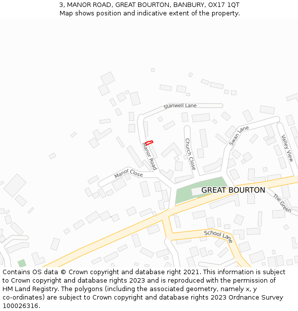 3, MANOR ROAD, GREAT BOURTON, BANBURY, OX17 1QT: Location map and indicative extent of plot