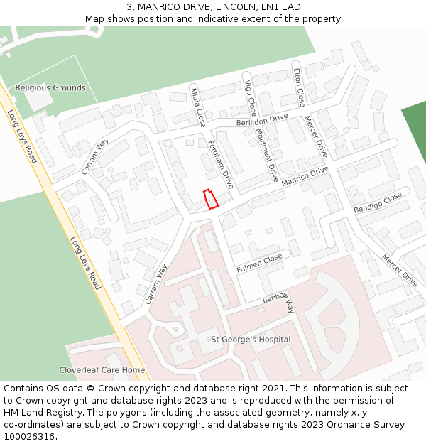 3, MANRICO DRIVE, LINCOLN, LN1 1AD: Location map and indicative extent of plot