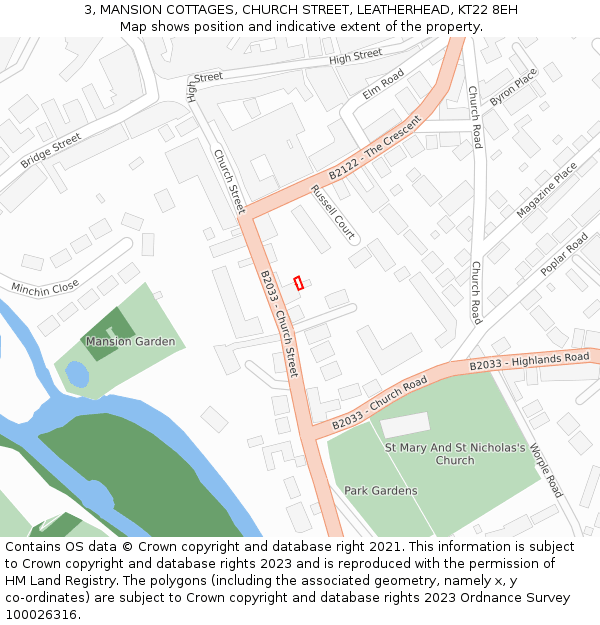 3, MANSION COTTAGES, CHURCH STREET, LEATHERHEAD, KT22 8EH: Location map and indicative extent of plot